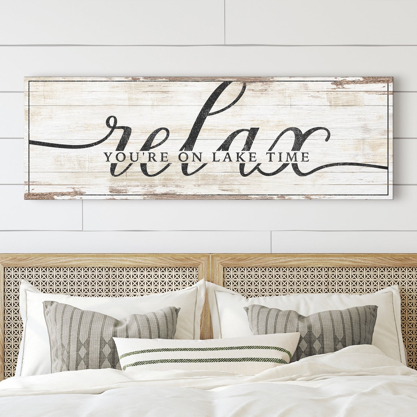 Relax You're on Lake Time Sign II canvas by Tailored Canvases with distressed backdrop on Tampa Home & Garden Store
