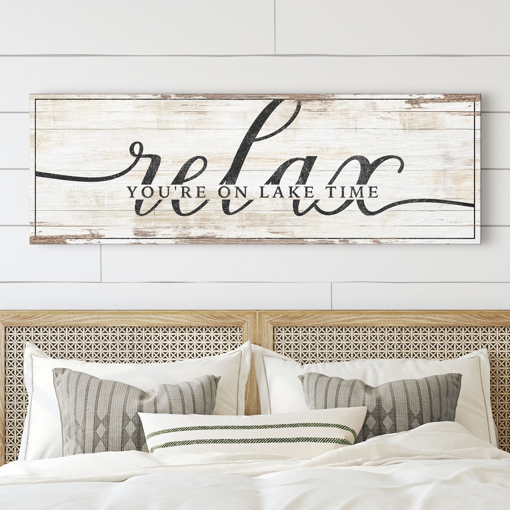 Relax You're on Lake Time Sign II canvas by Tailored Canvases with distressed backdrop on Tampa Home & Garden Store