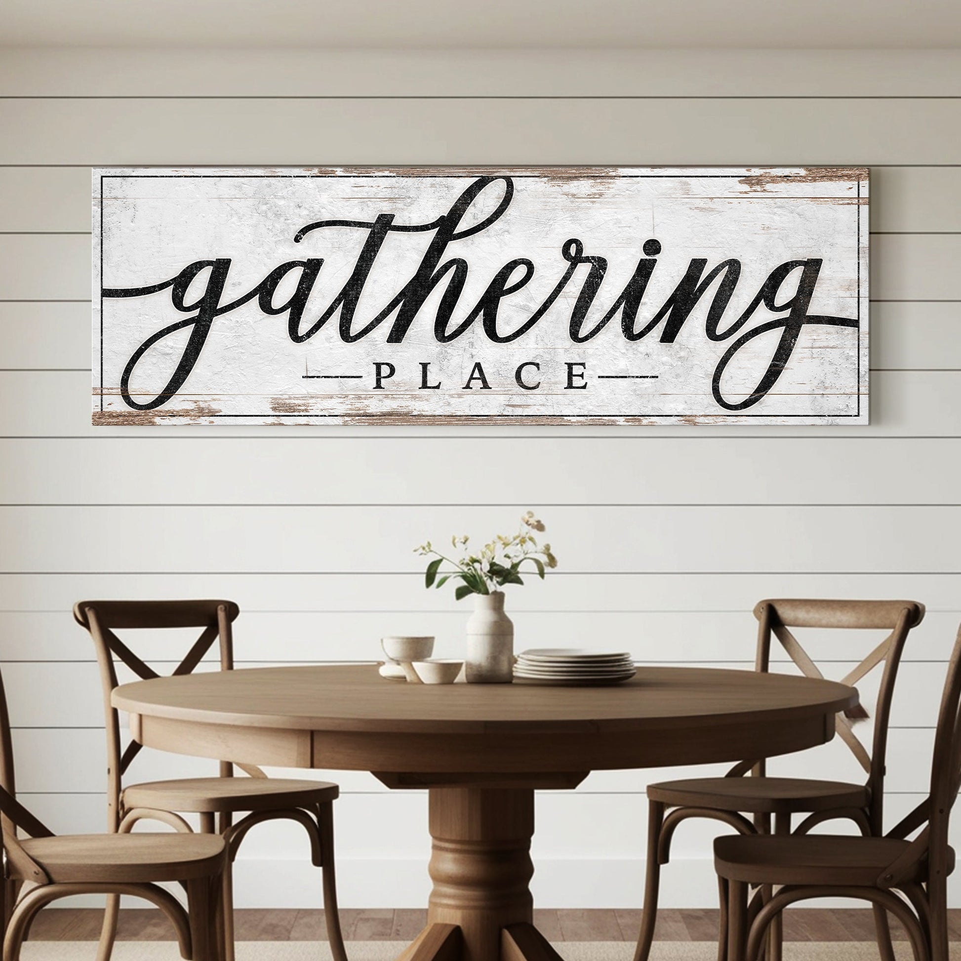 Family Gathering Place Sign II canvas by Tailored Canvases, distressed white rustic craft sign on Tampa Home & Garden Store