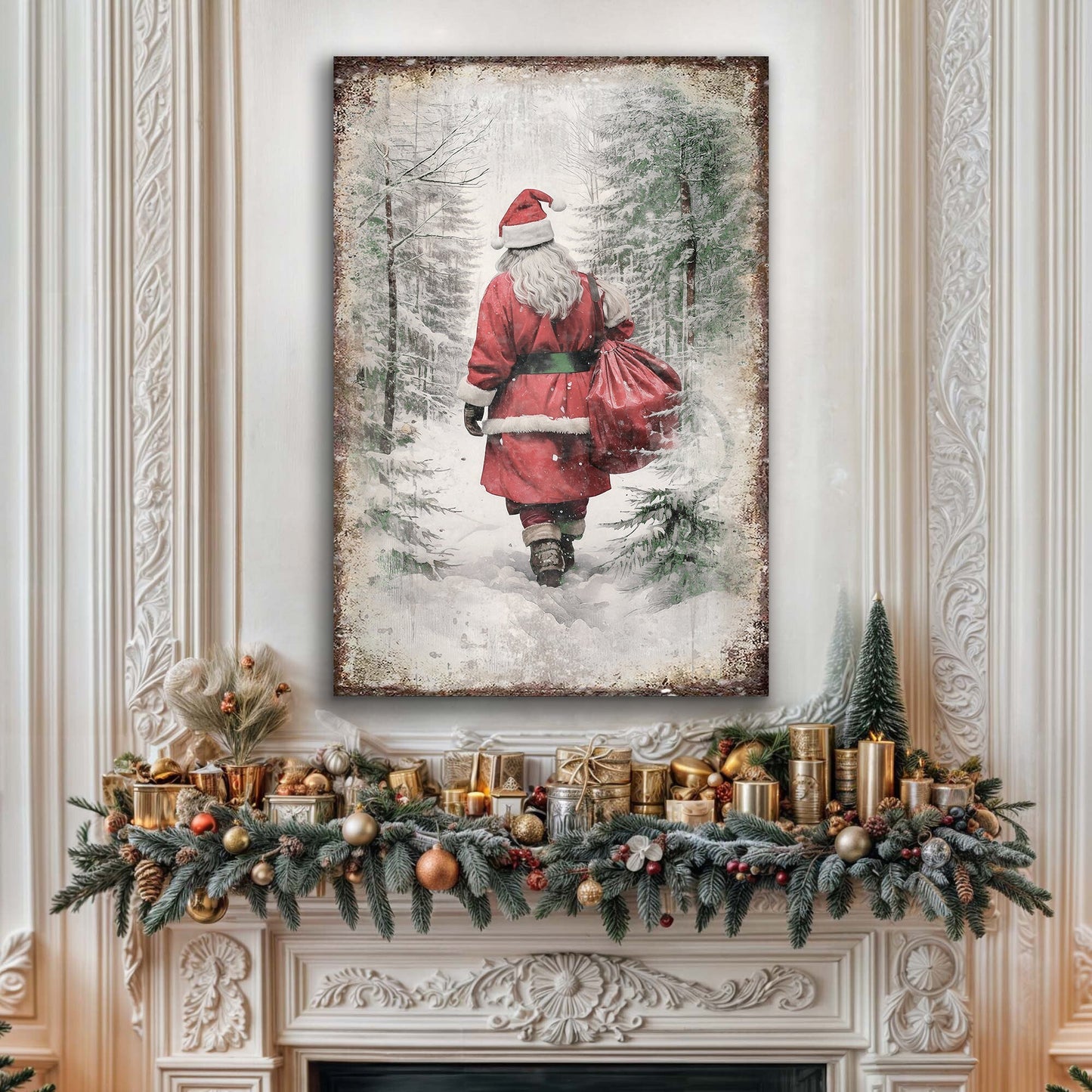 Vintage Christmas Santa Claus Wall Art V canvas by Tailored Canvases, snowy forest scene on Tampa Home & Garden Store
