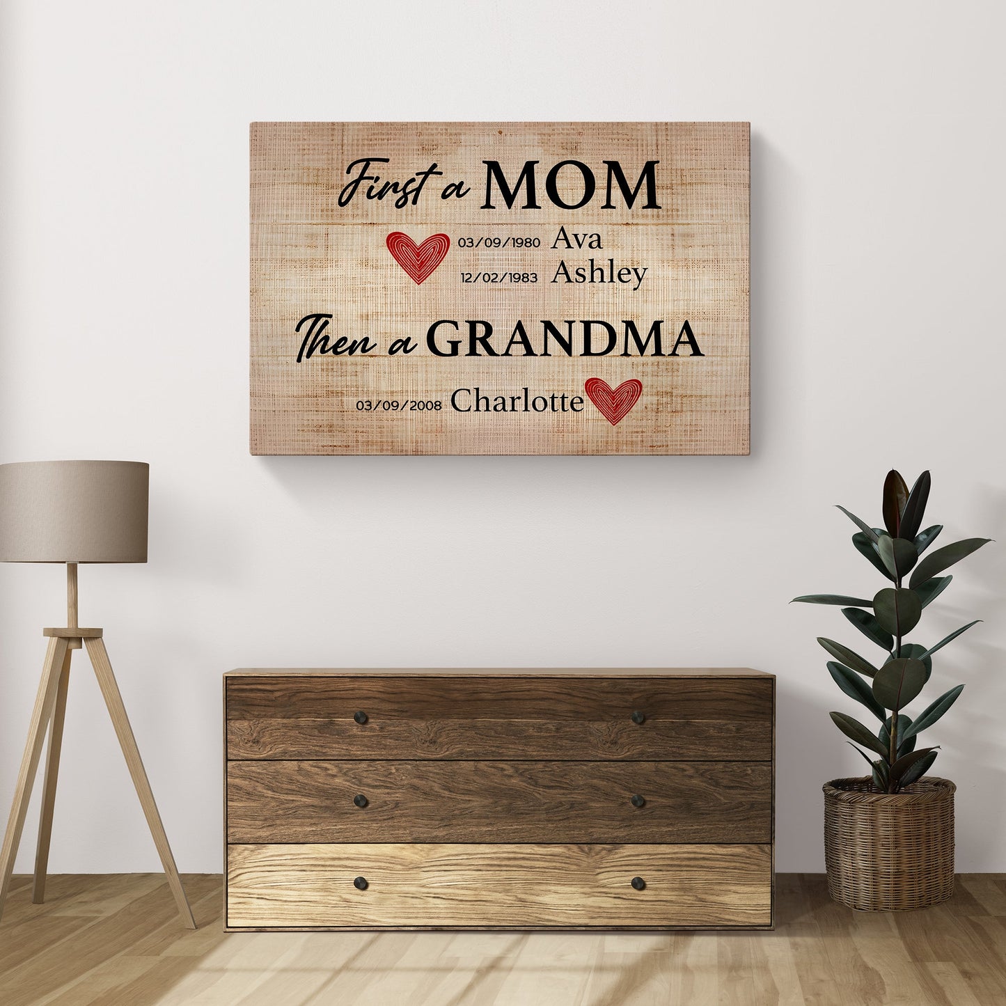 Mother's Day Sign First a MOM by Tailored Canvases on rustic wood with black text and red heart on Tampa Home & Garden Store