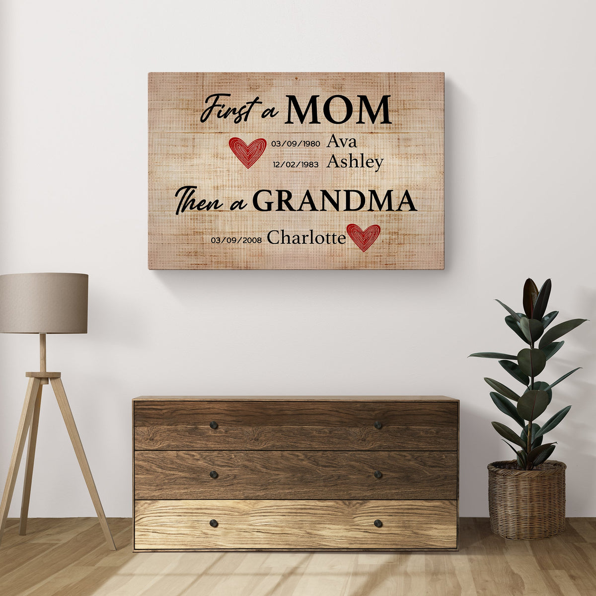 Mother's Day Sign First a MOM by Tailored Canvases on rustic wood with black text and red heart on Tampa Home & Garden Store