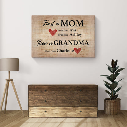 Mother's Day Sign First a MOM by Tailored Canvases on rustic wood with black text and red heart on Tampa Home & Garden Store