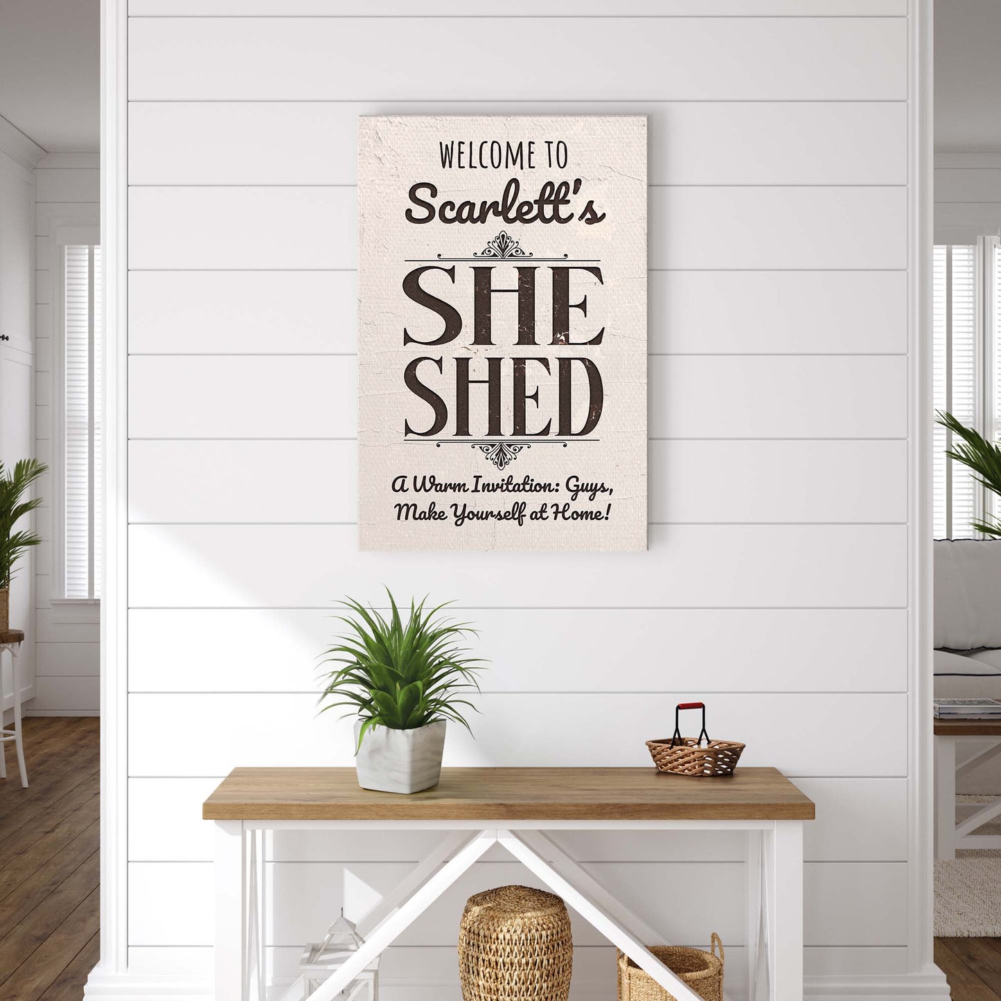 She Shed Sign canvas by Tailored Canvases, cream textured surface with bold black lettering on Tampa Home & Garden Store