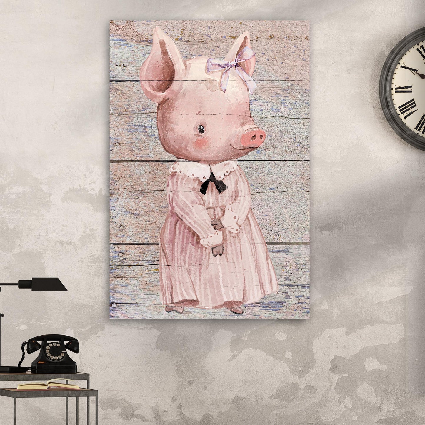 Pig canvas wall art Simple Ribbon Dress, pink bow on rustic wood backdrop on Tampa Home & Garden Store