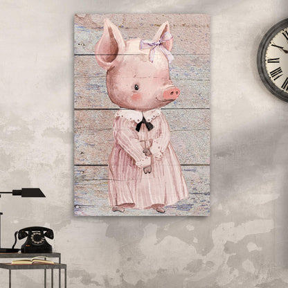 Pig canvas wall art Simple Ribbon Dress, pink bow on rustic wood backdrop on Tampa Home & Garden Store