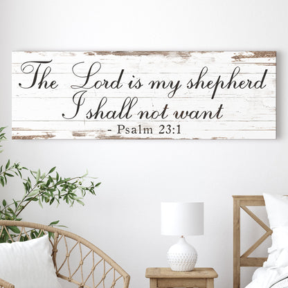 The Lord Is My Shepherd Psalm 23:1 Faith Sign II canvas with distressed wood backdrop on Tampa Home & Garden Store