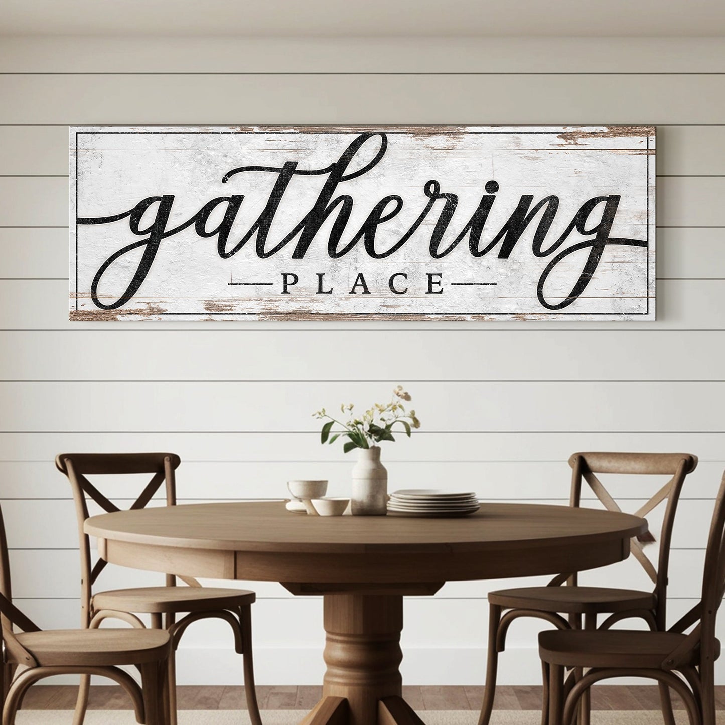 Gathering Place canvas wall art by Tailored Canvases, distressed white sign decor on Tampa Home & Garden Store