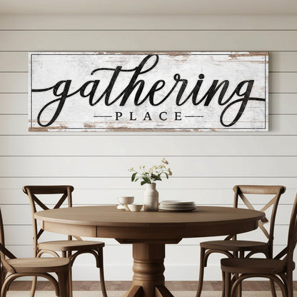 Gathering Place canvas wall art by Tailored Canvases, distressed white sign decor on Tampa Home & Garden Store