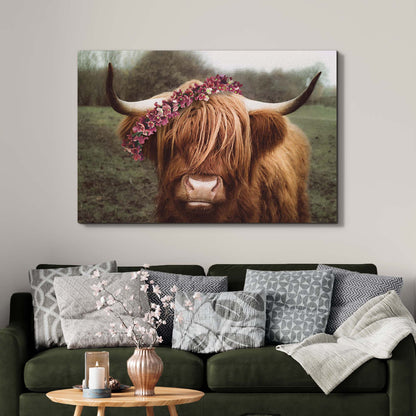 Retro Floral Crown Highland Cow canvas wall art by Tailored Canvases pink floral crown on Tampa Home & Garden Store