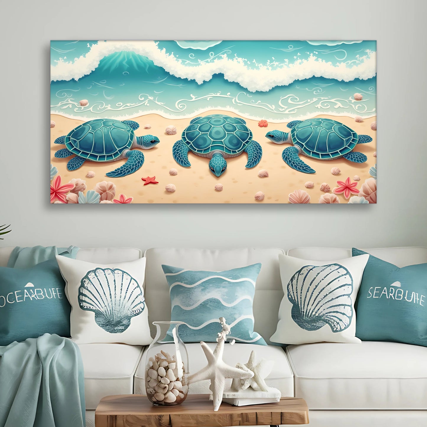 3D Coastal Wall Art II canvas featuring three teal sea turtles on a sandy beach and waves on Tampa Home & Garden Store