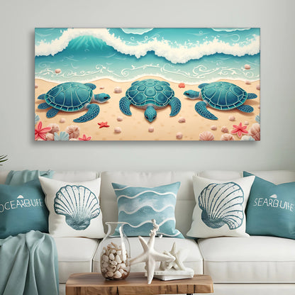 3D Coastal Wall Art II canvas featuring three teal sea turtles on a sandy beach and waves on Tampa Home & Garden Store