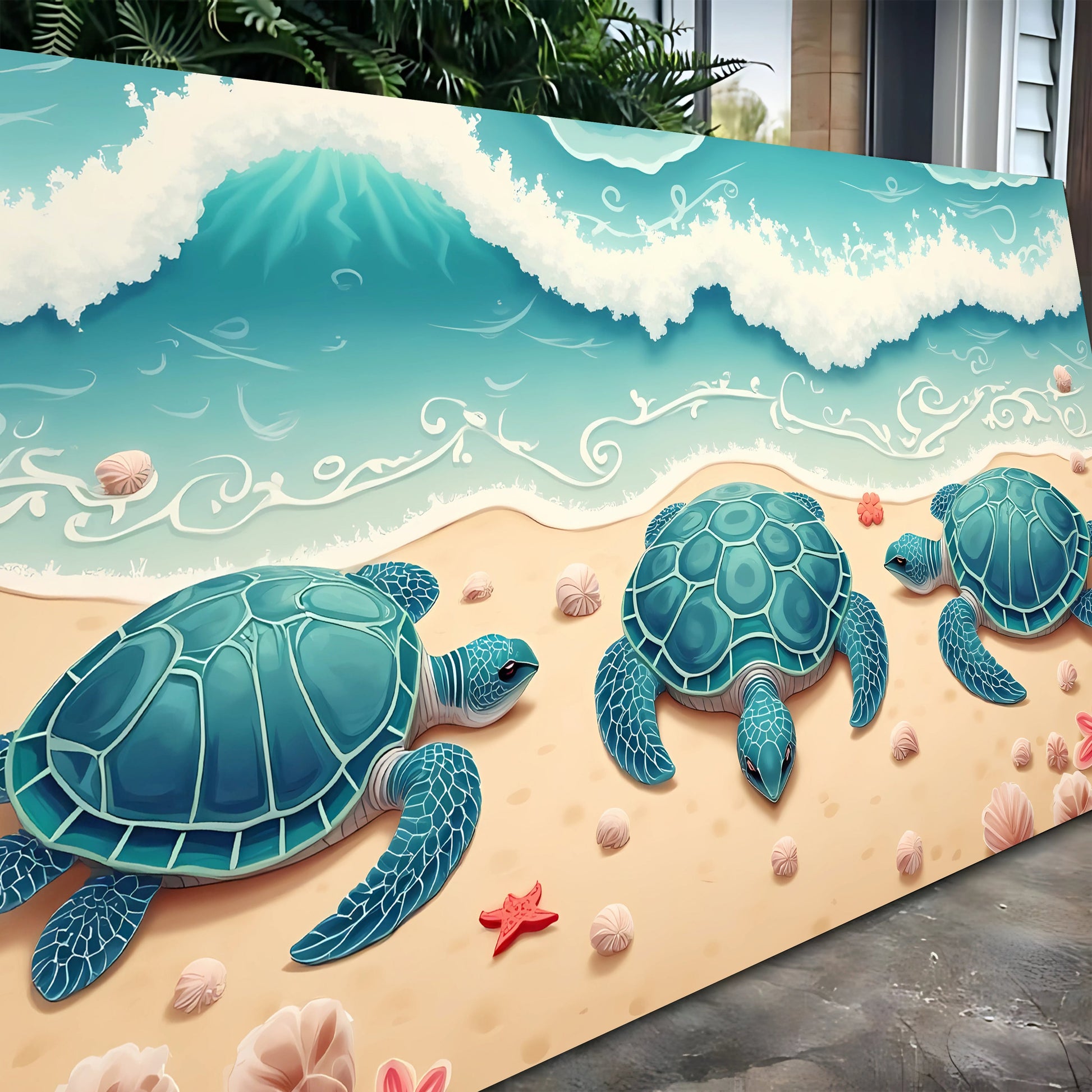 3D Coastal Wall Art II canvas with teal sea turtles on a sandy beach on Tampa Home & Garden Store