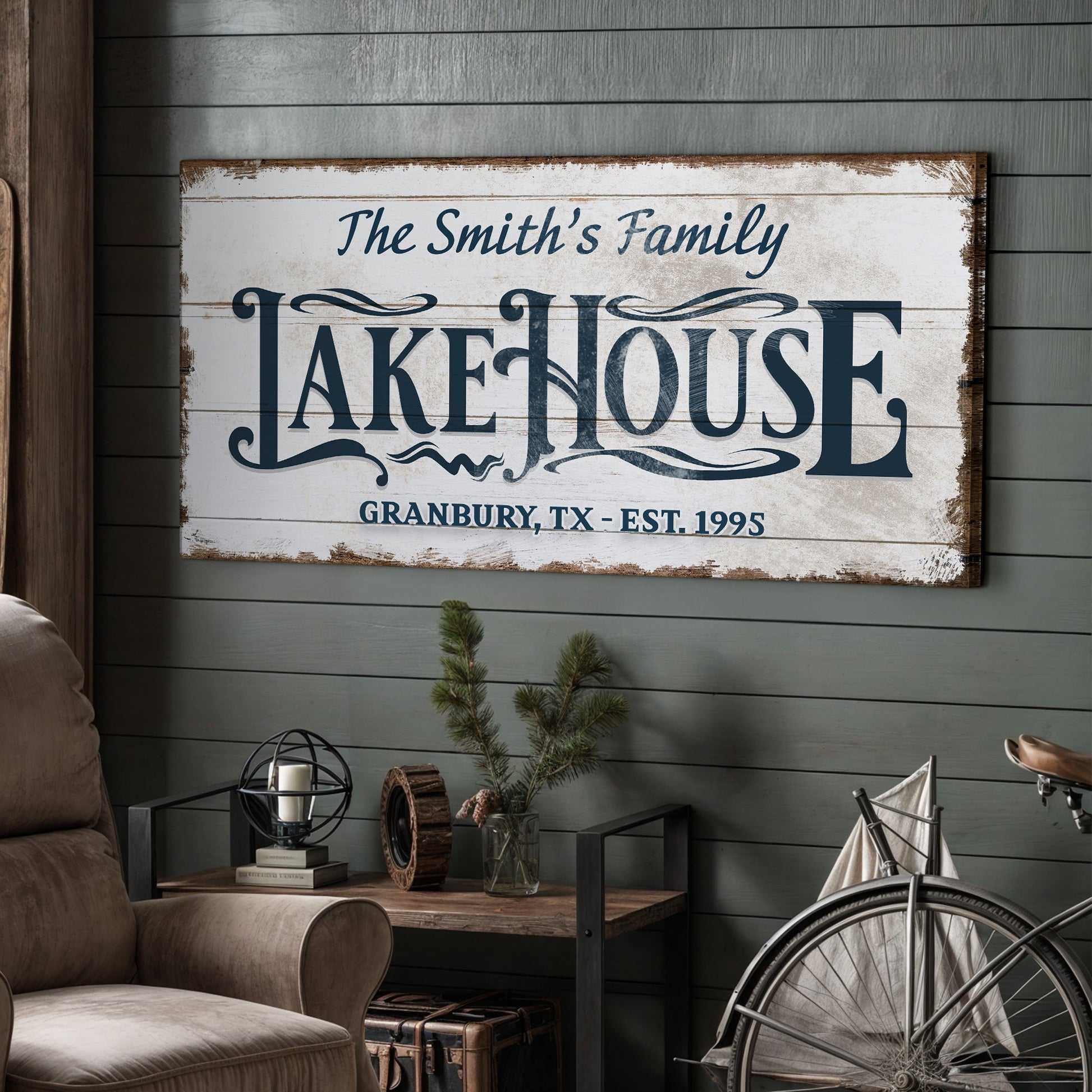 Lake House Sign VII canvas by Tailored Canvases, distressed white with navy lettering on Tampa Home & Garden Store
