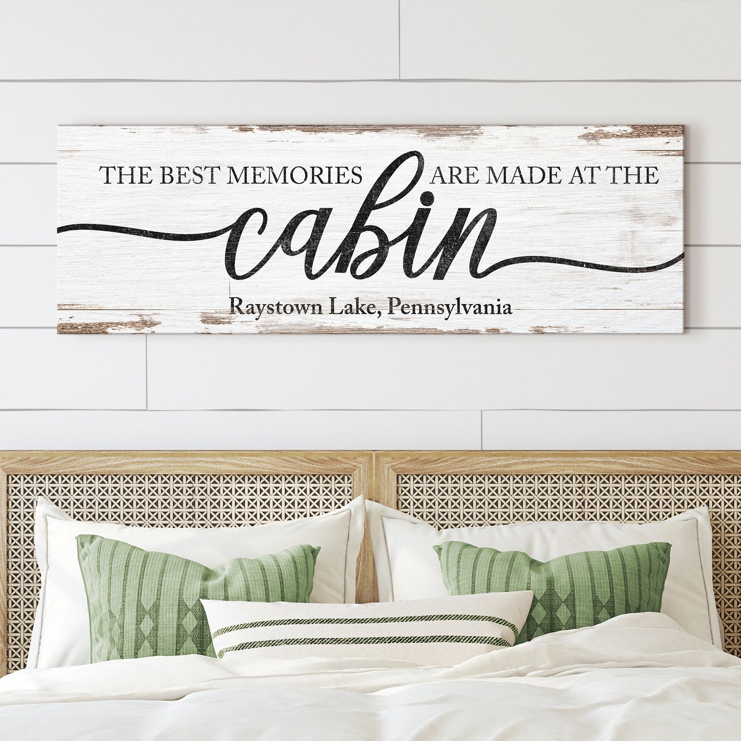 Best Memories Are Made At The Cabin Sign canvas by Tailored Canvases, distressed white wood on Tampa Home & Garden Store
