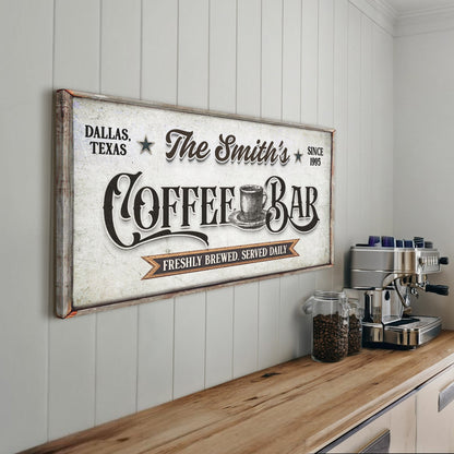 Coffee Bar Sign IX canvas distressed background vintage black typography wood frame Tailored Canvases on Tampa Home & Garden Store