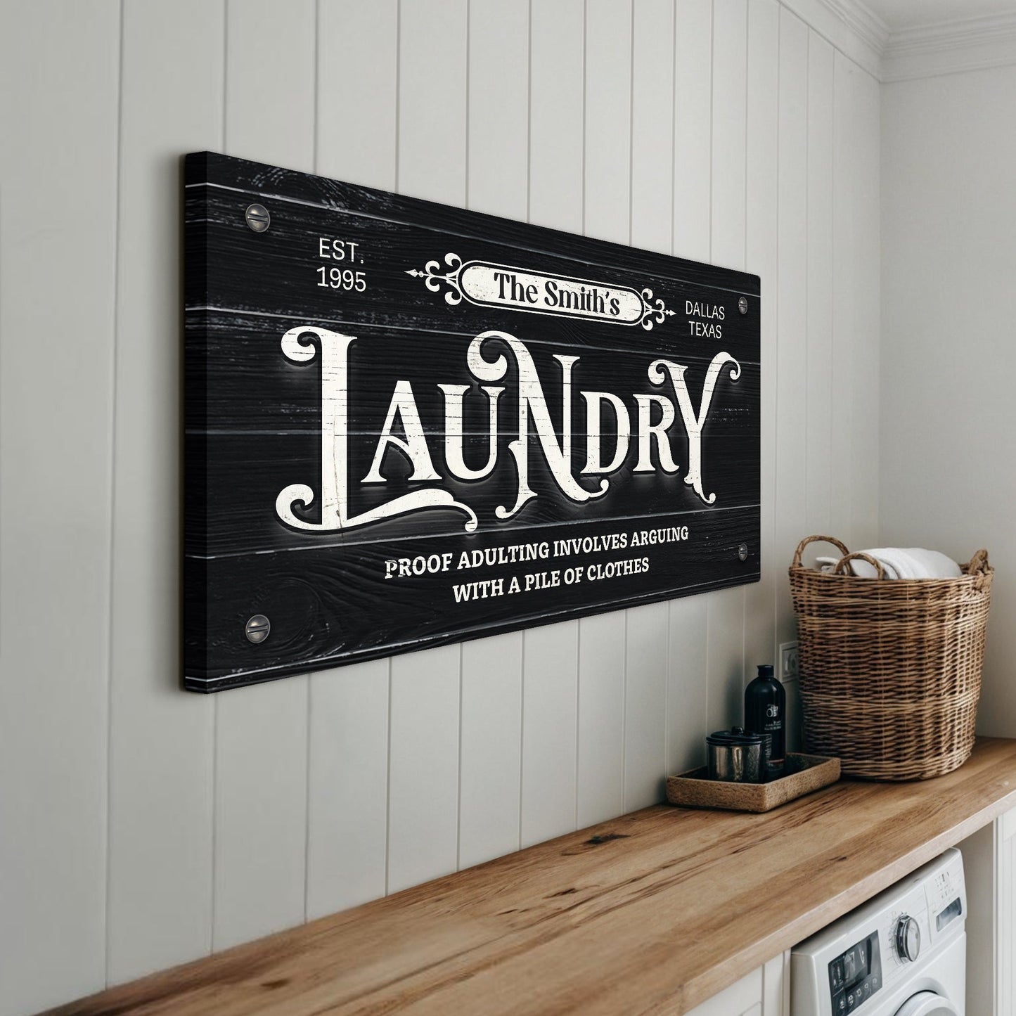 Laundry Room Sign VII canvas with black distressed wood and white typography on beadboard on Tampa Home & Garden Store