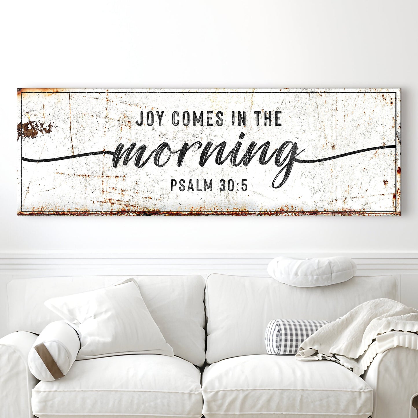 Canvas Joy Comes In The Morning Faith Sign with distressed white background and Psalm 30:5 on Tampa Home & Garden Store