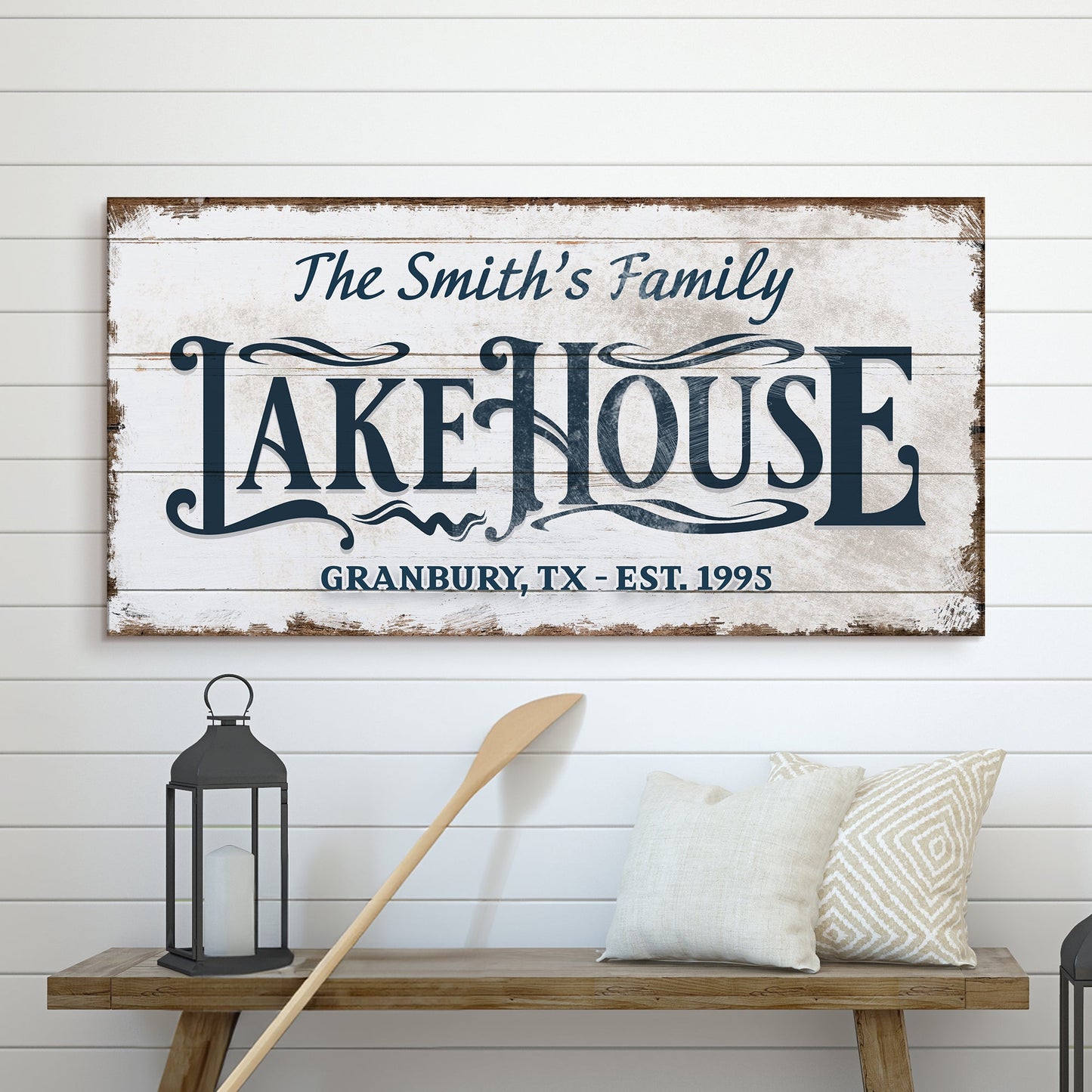 Lake House Sign VII canvas with distressed white wood background and script Tailored Canvases on Tampa Home & Garden Store