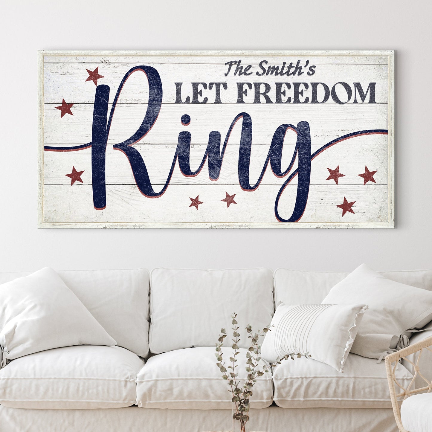 Let Freedom Ring Sign canvas by Tailored Canvases navy lettering red stars on wood on Tampa Home & Garden Store