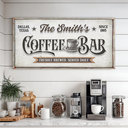Coffee Bar Sign IX crafting canvas by Tailored Canvases, vintage typography on rustic frame on Tampa Home & Garden Store