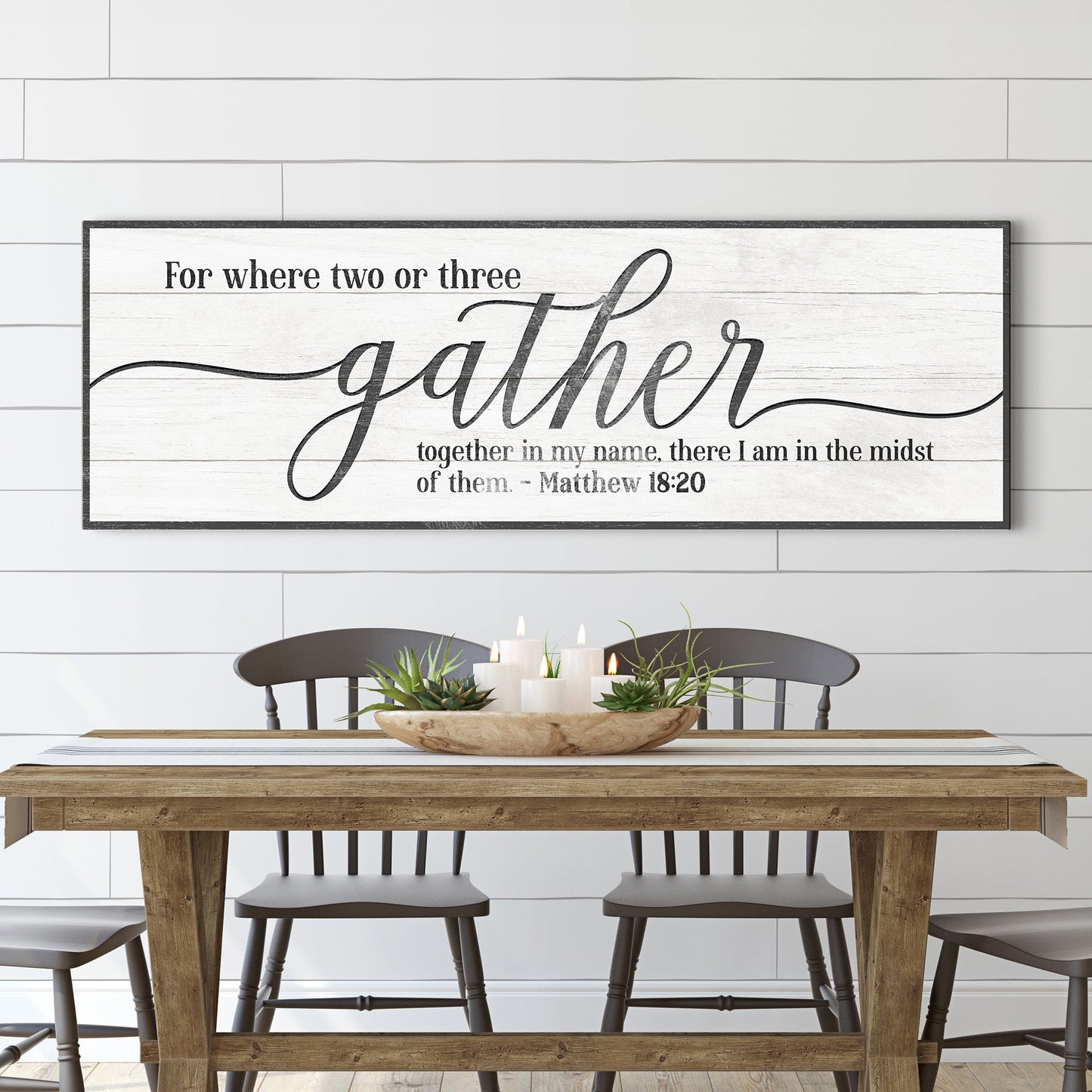 Gather Sign VI canvas wall art Tailored Canvases whitewashed wood background black script gather on Tampa Home & Garden Store