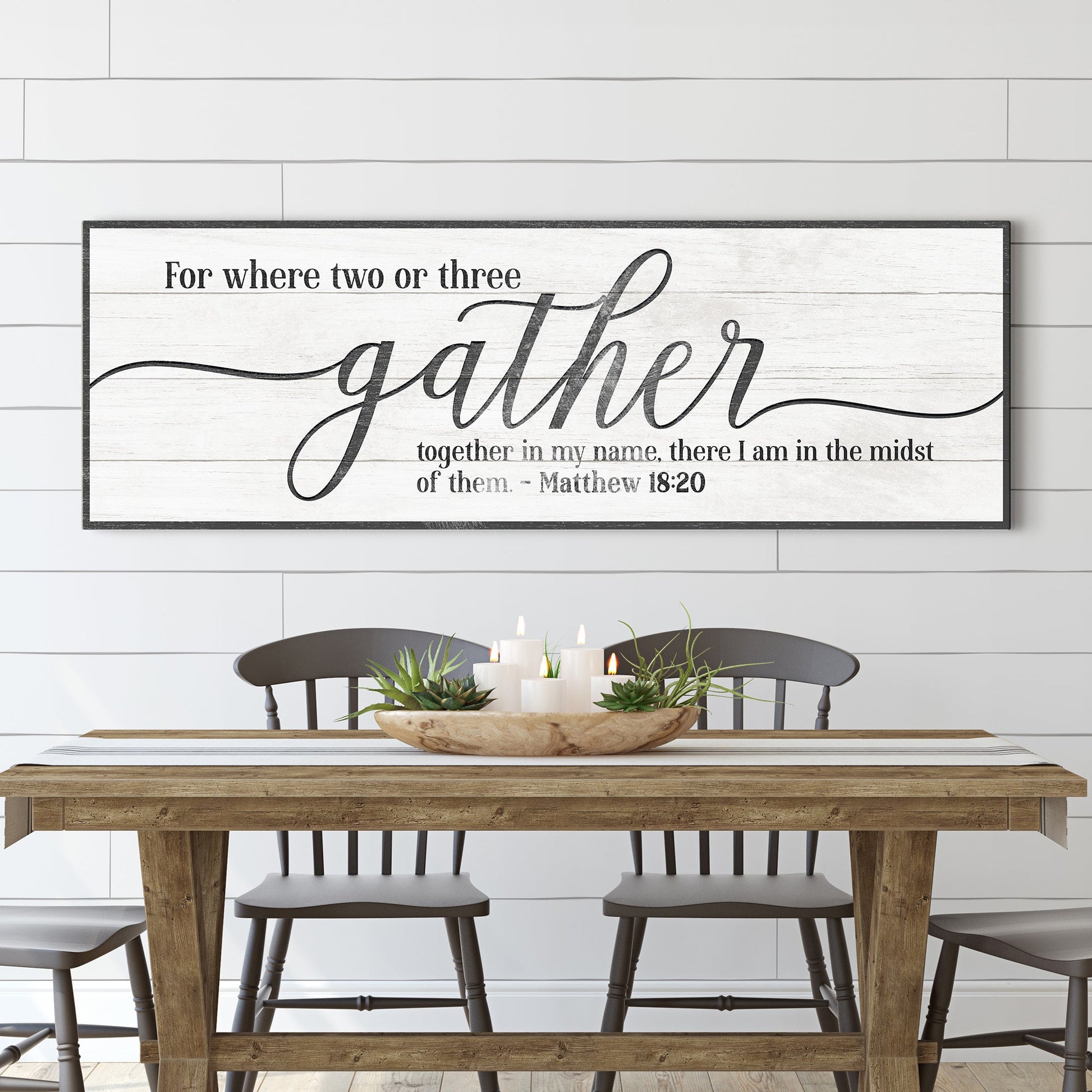 Gather Sign VI canvas wall art Tailored Canvases whitewashed wood background black script gather on Tampa Home & Garden Store