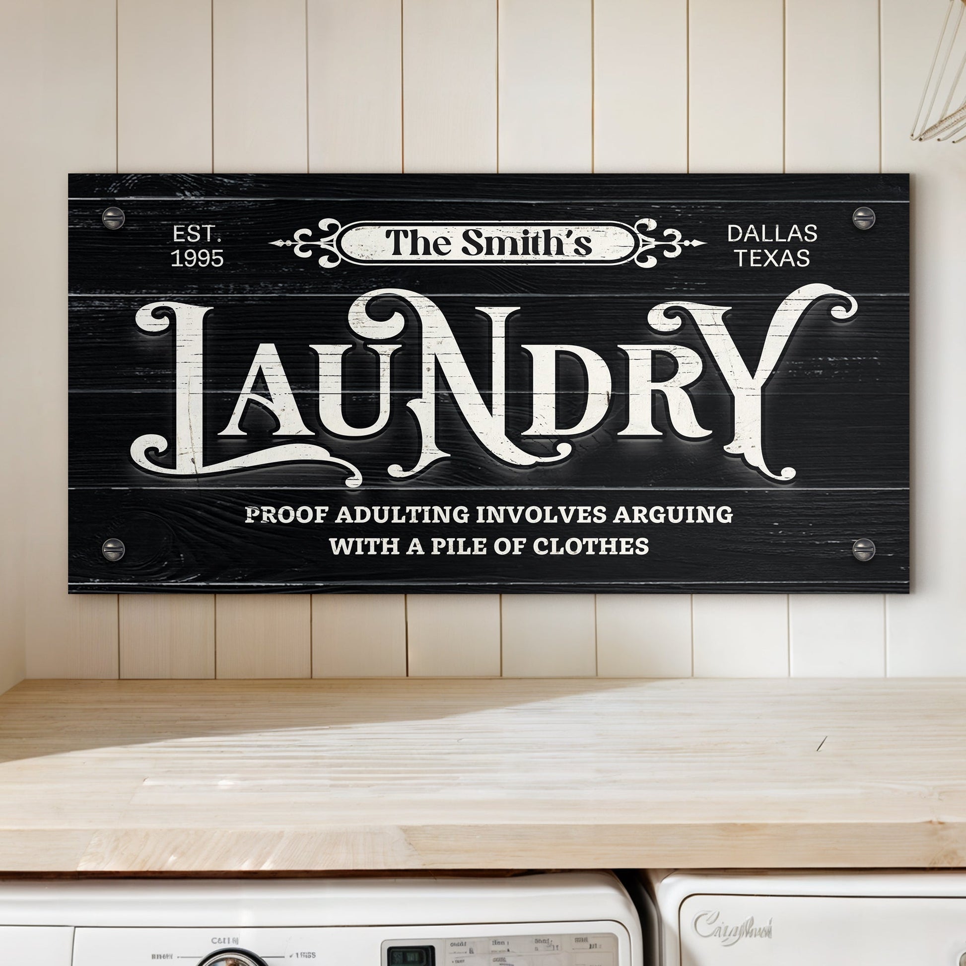 Laundry Room Sign VII canvas, black wood with white ornate lettering, Tailored Canvases on Tampa Home & Garden Store