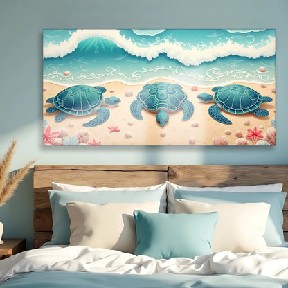 3D Coastal Wall Art II canvas with turquoise sea turtles on a sandy beach Tailored Canvases on Tampa Home & Garden Store