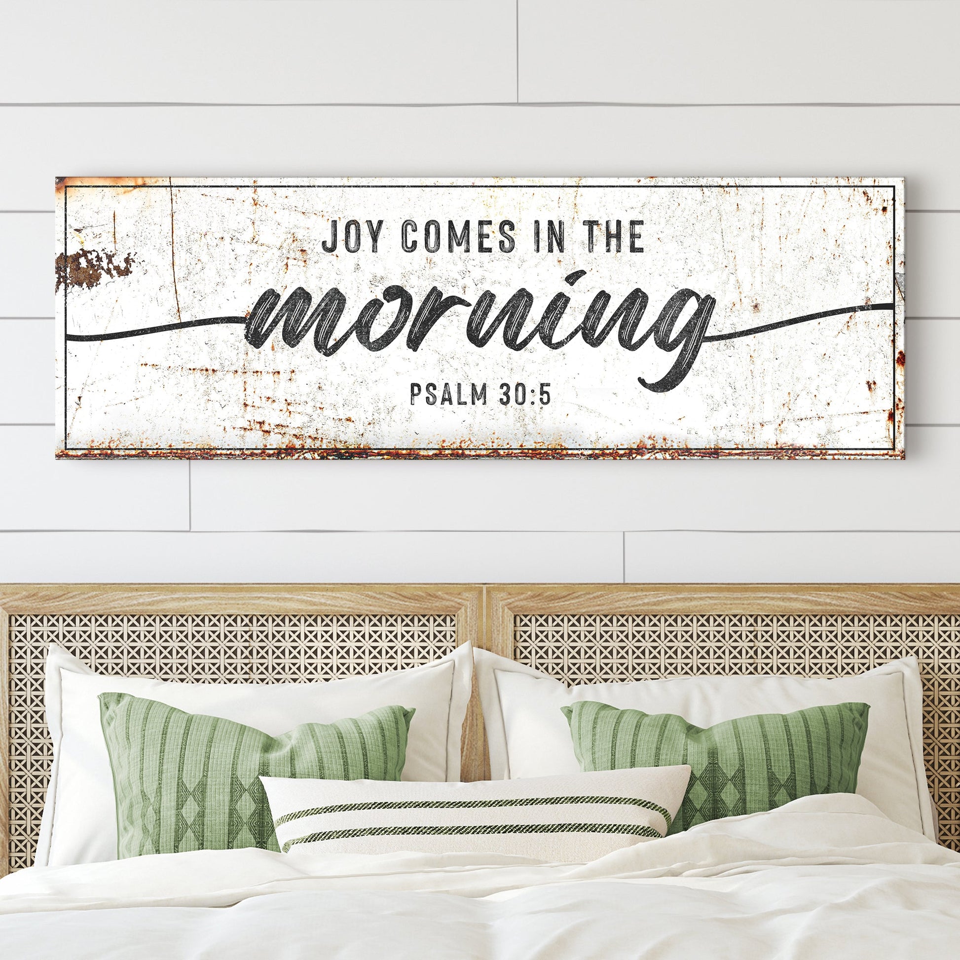 Joy Comes In The Morning faith sign canvas with white background and script Psalm 30:5 on Tampa Home & Garden Store