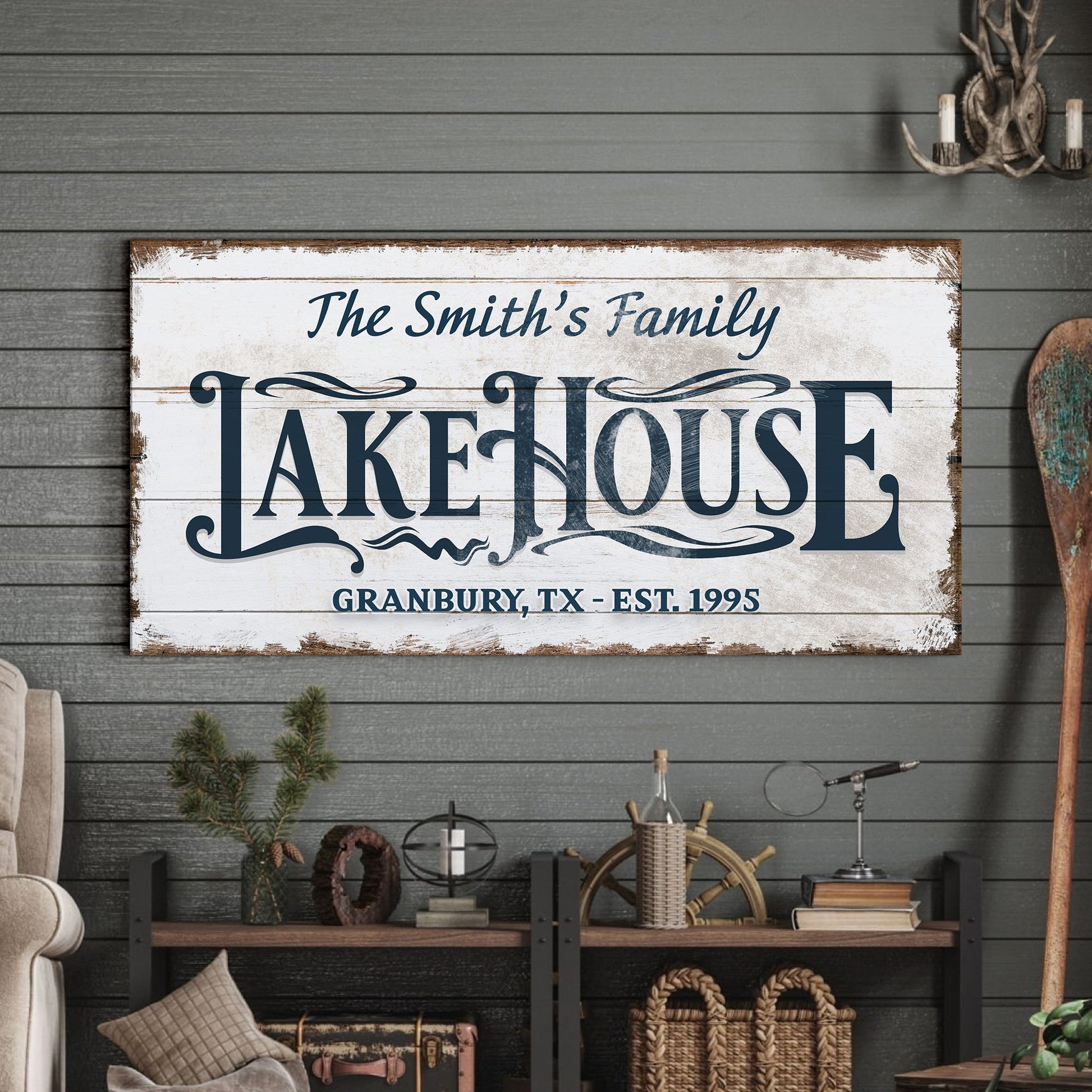 Lake House Sign VII canvas distressed white panel with blue The Smith's Family Lakehouse on Tampa Home & Garden Store