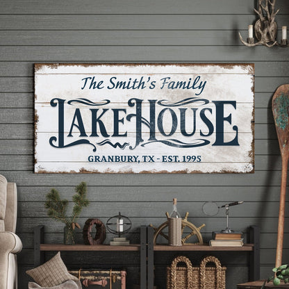 Lake House Sign VII canvas distressed white panel with blue The Smith's Family Lakehouse on Tampa Home & Garden Store
