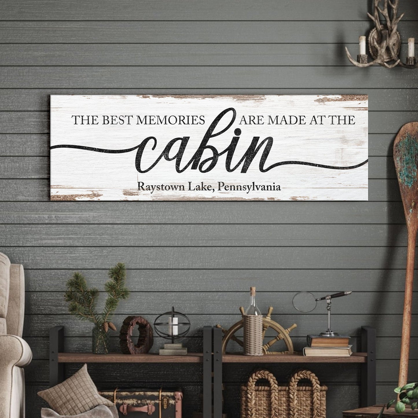 Best Memories Are Made At The Cabin canvas sign with distressed white wood finish on Tampa Home & Garden Store