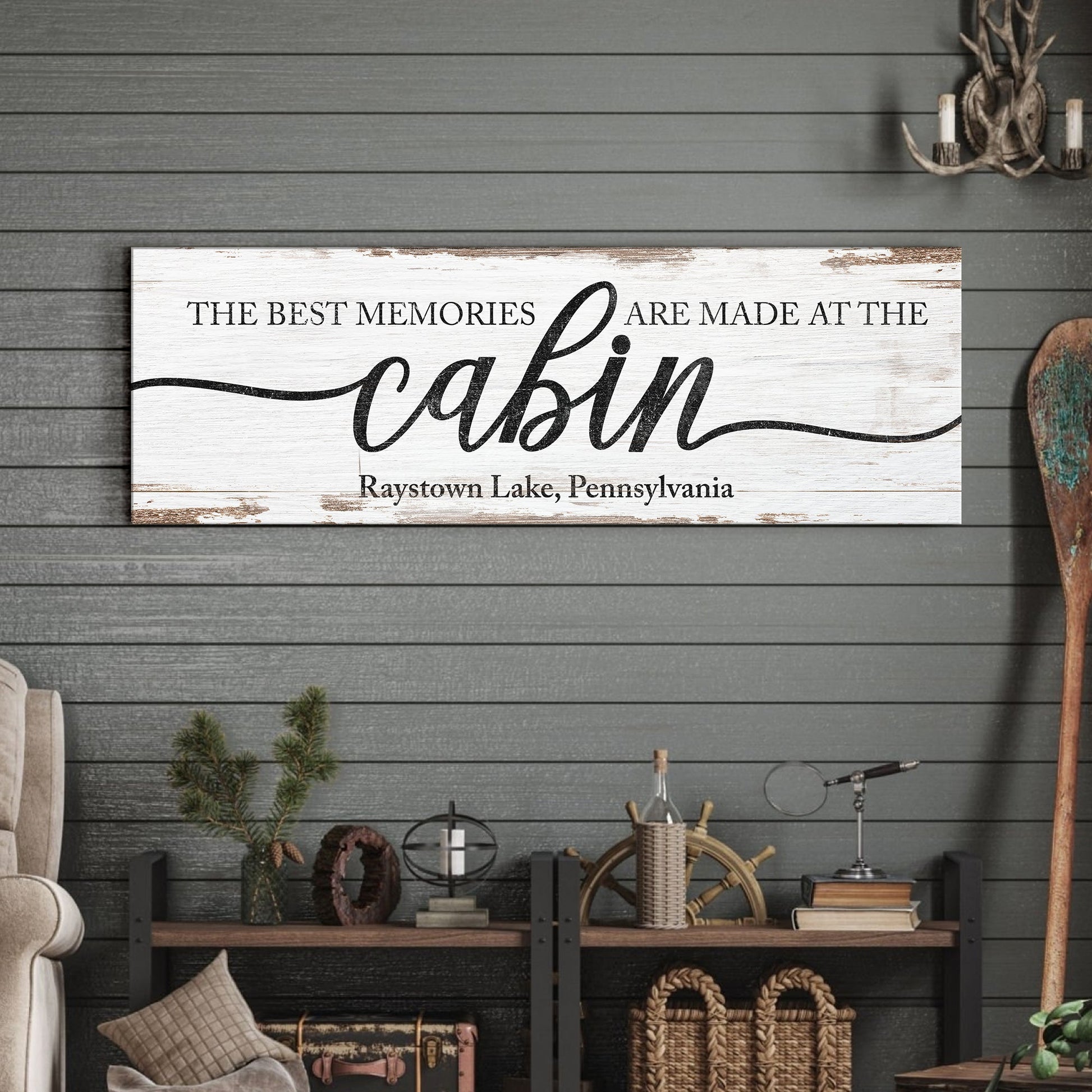 Best Memories Are Made At The Cabin canvas sign with distressed white wood finish on Tampa Home & Garden Store