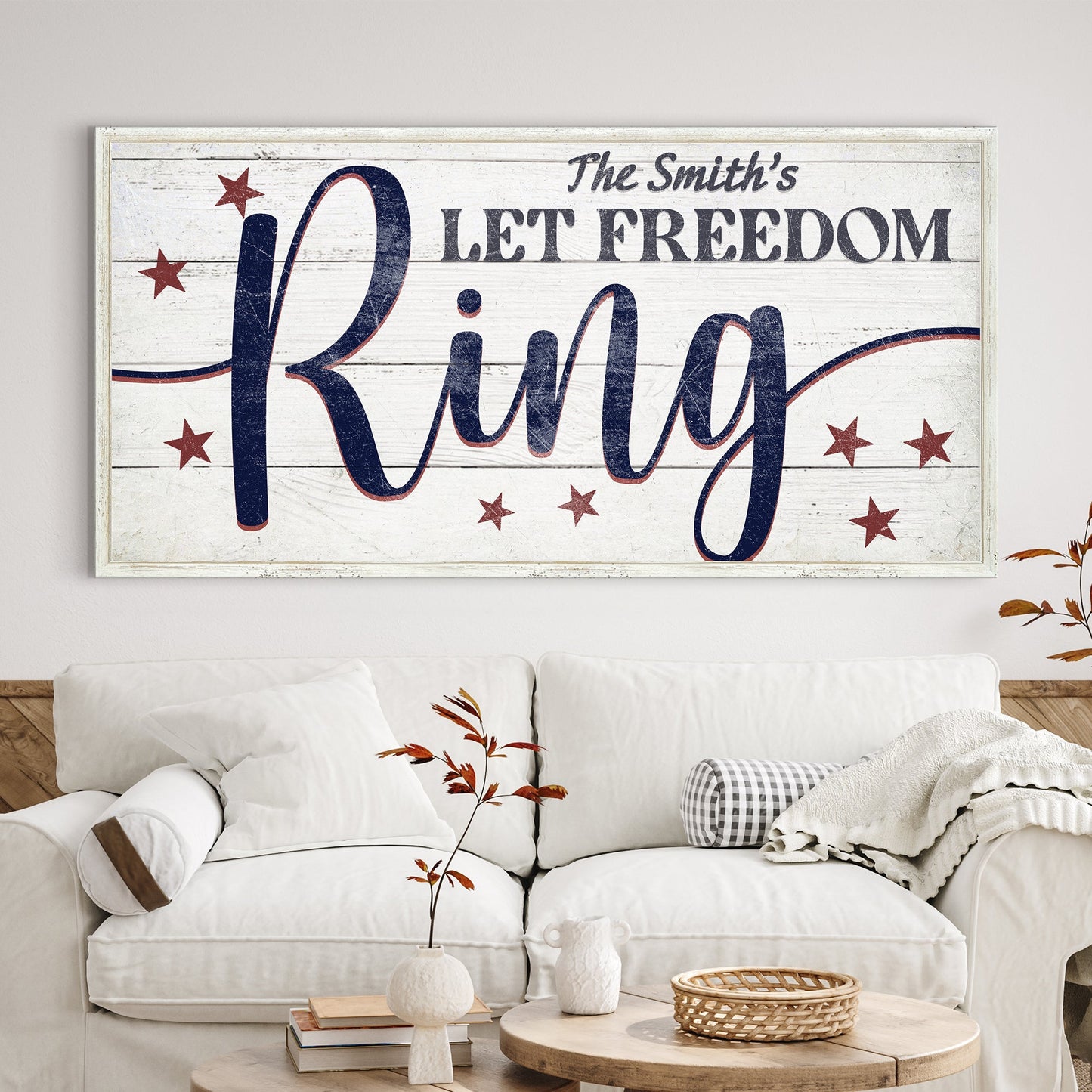 Let Freedom Ring canvas sign by Tailored Canvases, distressed white wood with red lettering on Tampa Home & Garden Store