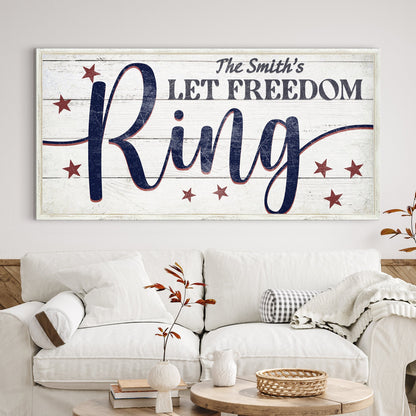 Let Freedom Ring canvas sign by Tailored Canvases, distressed white wood with red lettering on Tampa Home & Garden Store