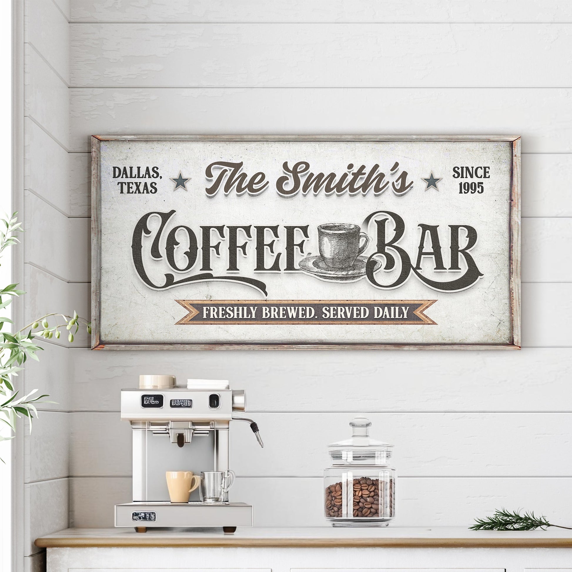 Coffee Bar Sign IX Canvas with COFFEE BAR lettering and coffee cup on a rustic framed canvas on Tampa Home & Garden Store