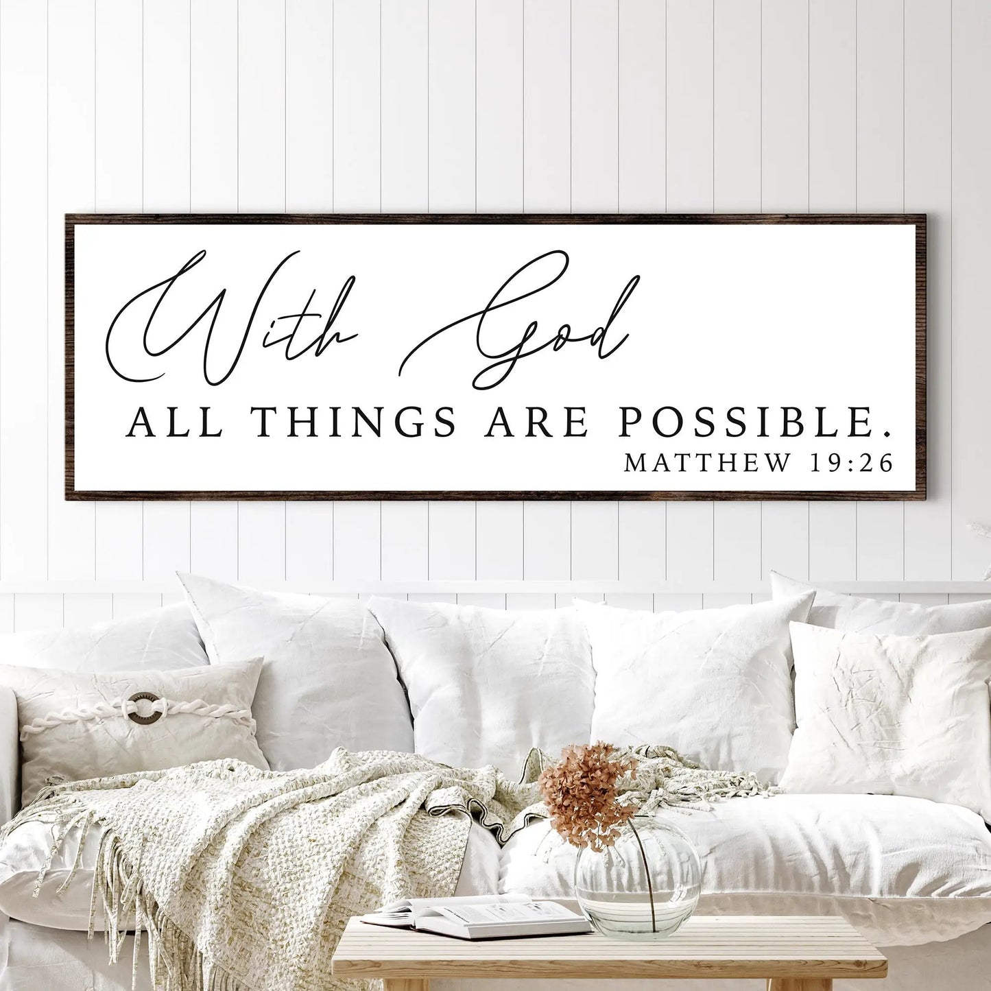 Wood-framed canvas sign Tailored Canvases black script With God All Things Are Possible on Tampa Home & Garden Store
