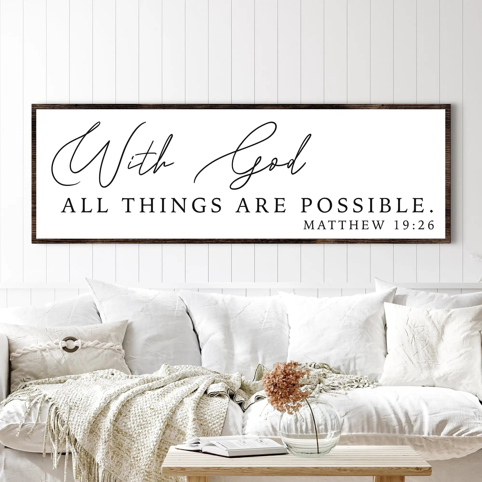 Wood-framed canvas sign Tailored Canvases black script With God All Things Are Possible on Tampa Home & Garden Store