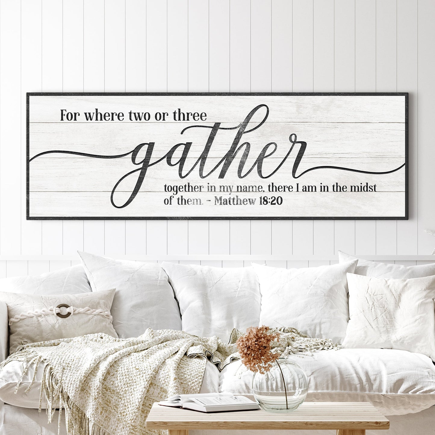 Gather Sign VI canvas wall art by Tailored Canvases, whitewashed wood with black frame on Tampa Home & Garden Store
