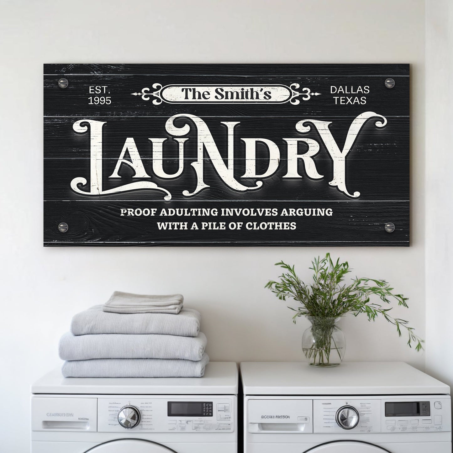 Laundry Room Sign VII canvas, black wood with white typography Tailored Canvases Dallas Texas on Tampa Home & Garden Store