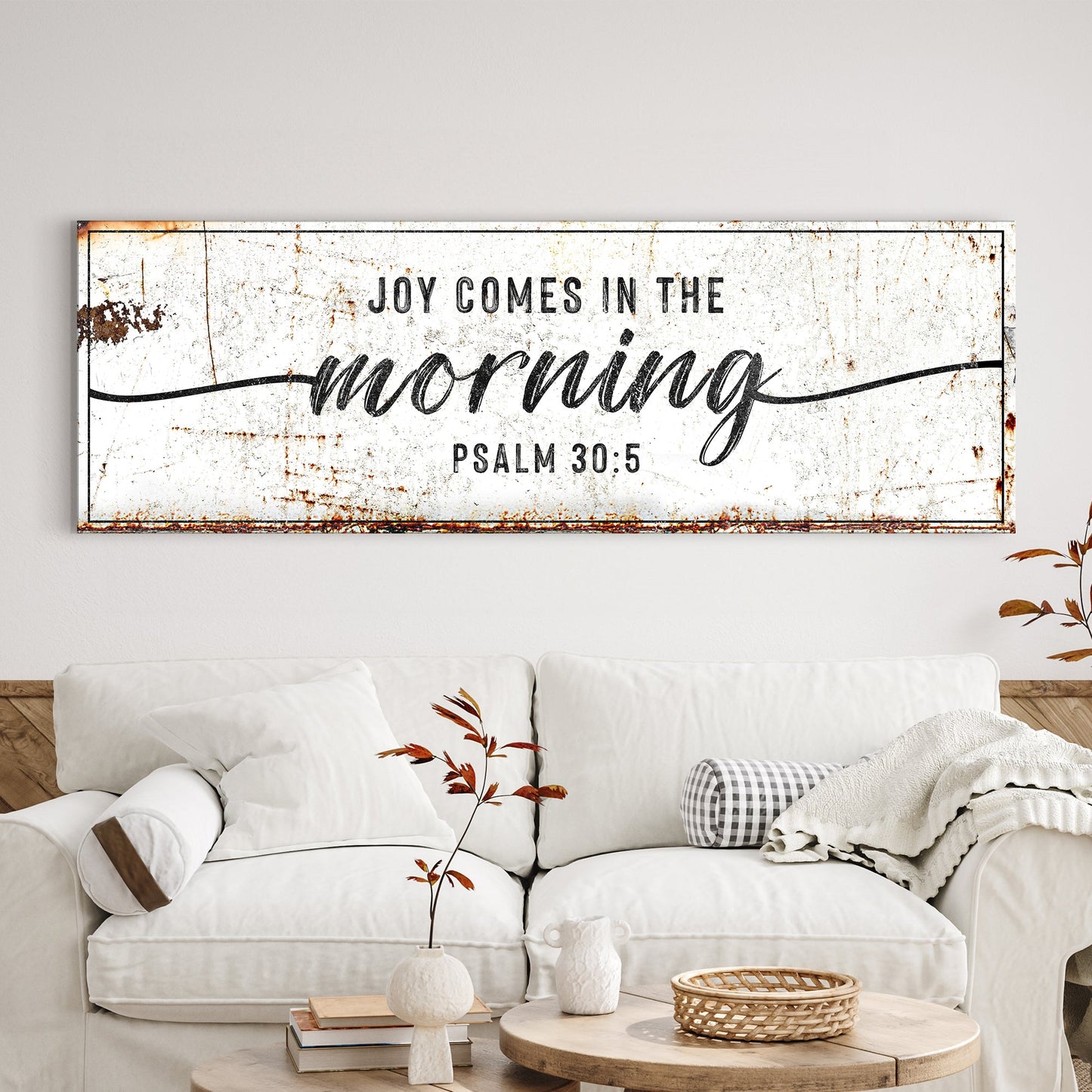 Joy Comes In The Morning faith sign canvas with rustic distressed white finish, black border Psalm 30:5 on Tampa Home & Garden Store