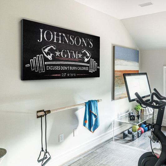 Gym Sign II canvas wall art in black with white chalk typography by Tailored Canvases on Tampa Home & Garden Store