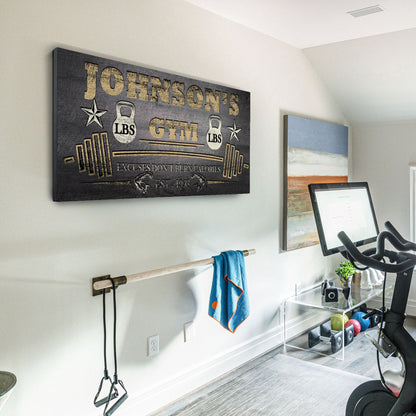 Gym Sign II canvas by Tailored Canvases; distressed plaque with gold lettering and gym icons on Tampa Home & Garden Store