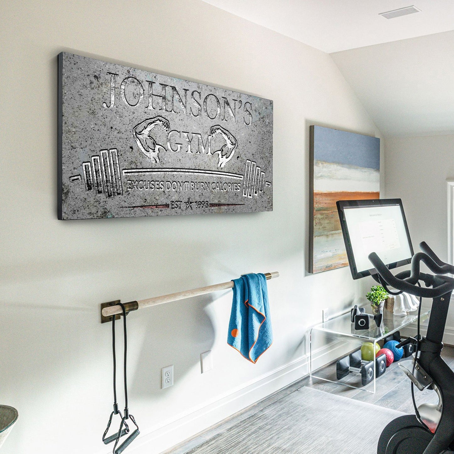 Gym Sign IX canvas artwork with gray finish and weightlifting graphic on Tampa Home & Garden Store