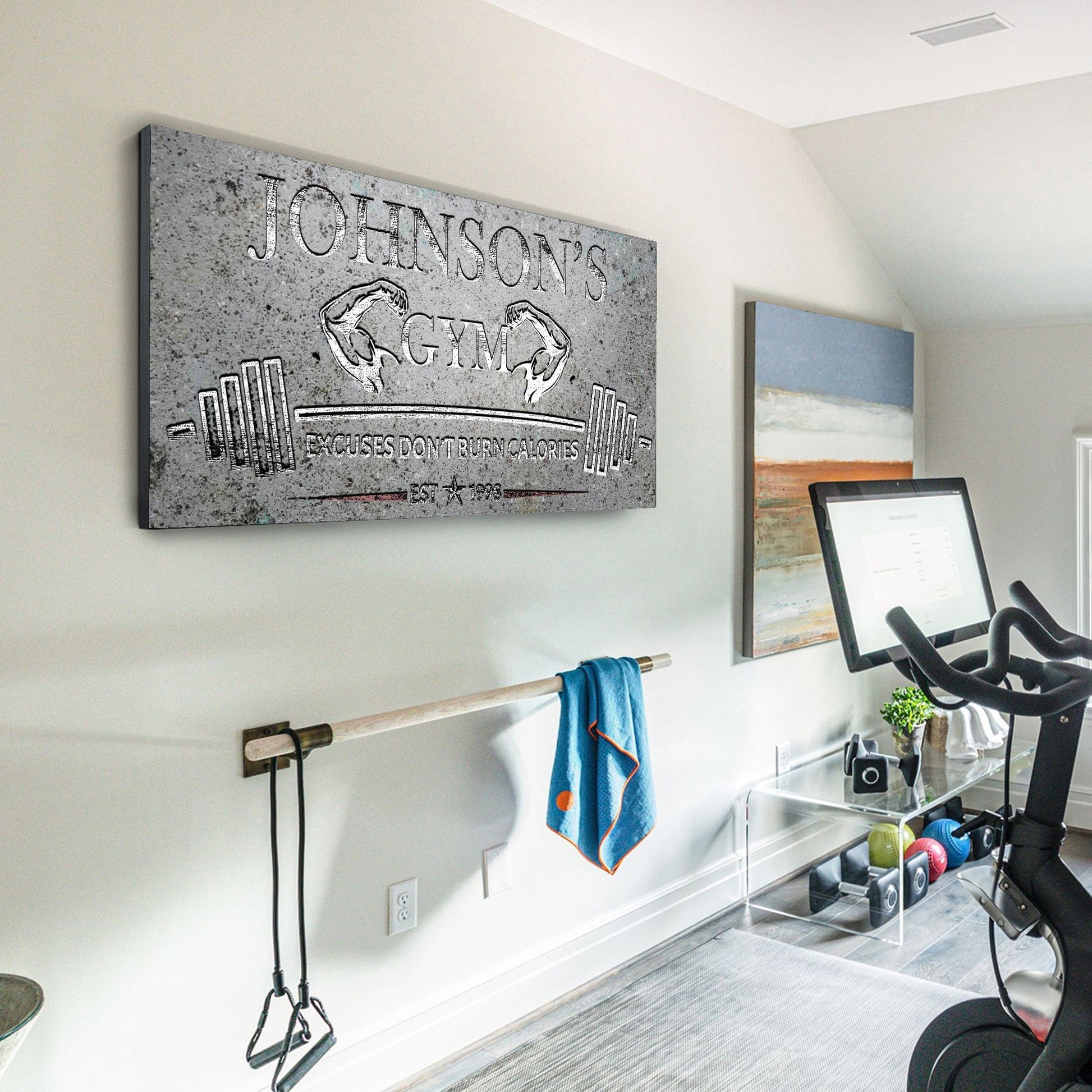 Gym Sign IX canvas artwork with gray finish and weightlifting graphic on Tampa Home & Garden Store