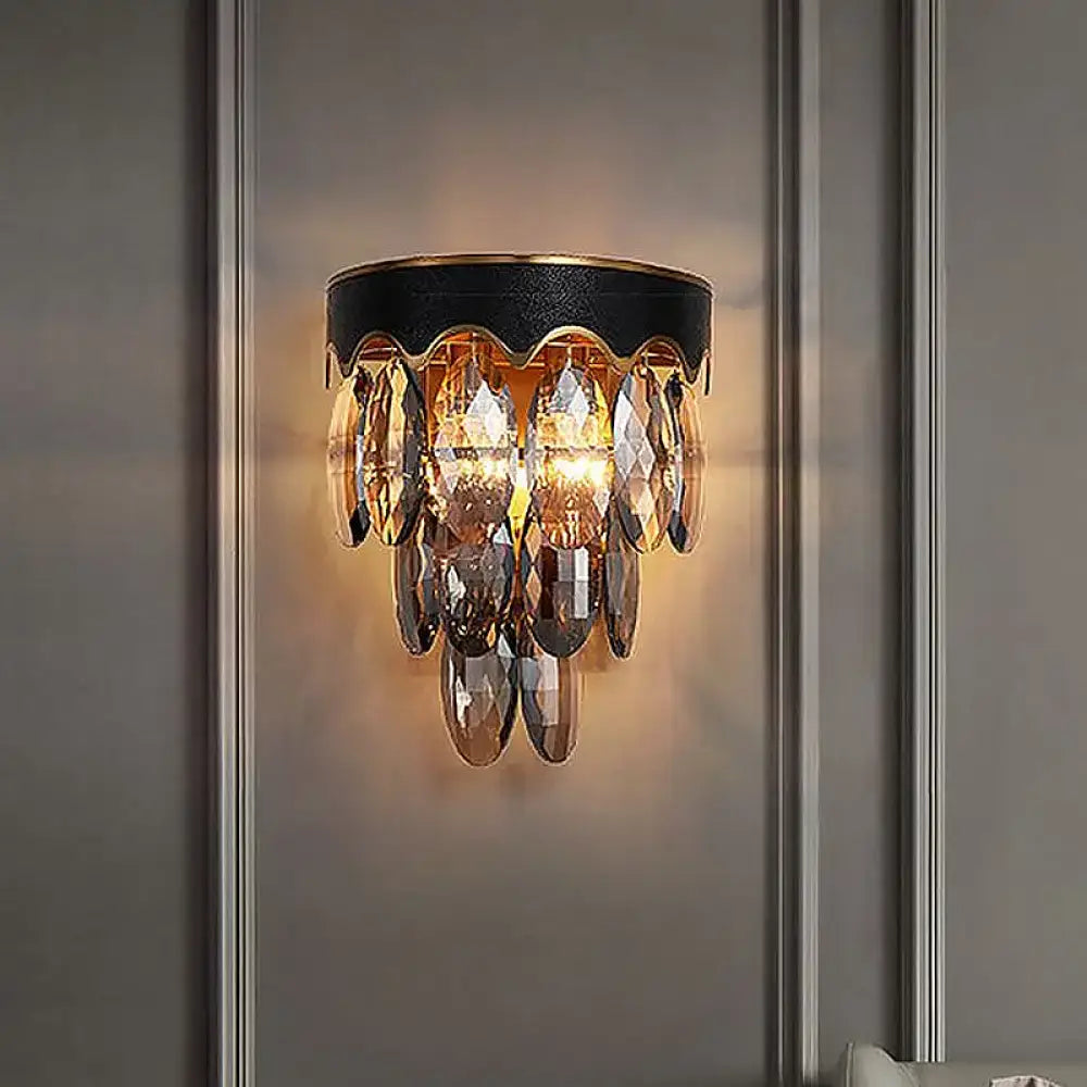 Black Crystal K9 Two-Tier Sconce by Decorbites, black frame with crystal teardrop prisms on Tampa Home & Garden Store