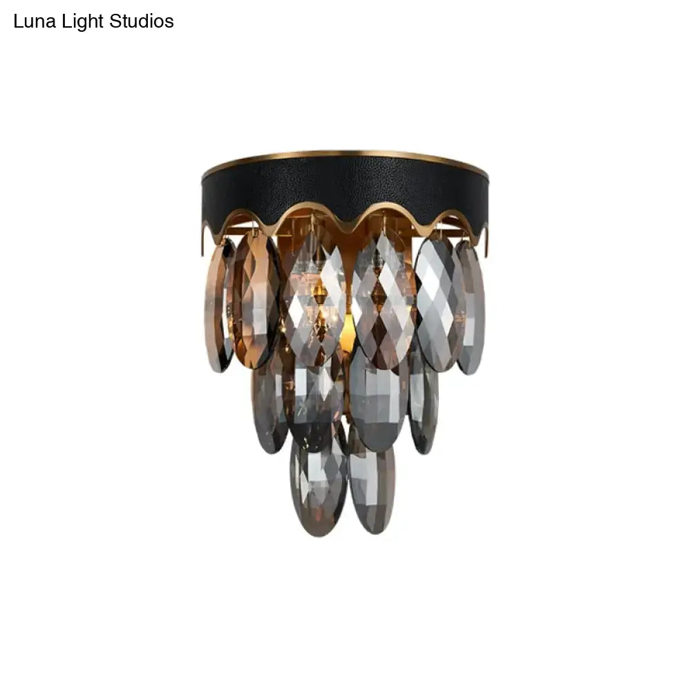 Black Crystal K9 Two-Tier Sconce with gold frame and hanging faceted crystals by Decorbites on Tampa Home & Garden Store