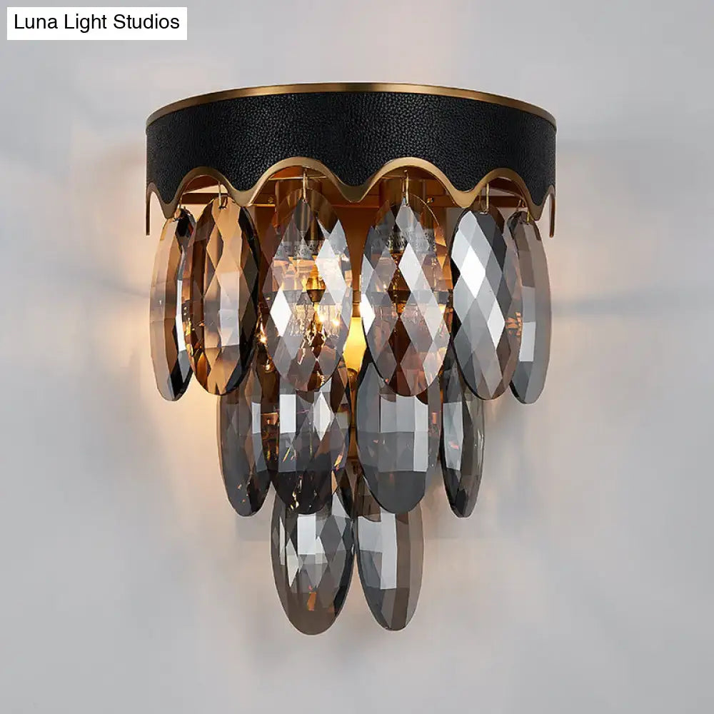 Black Crystal K9 Two-Tier Sconce with faceted crystal drops, black metal and gold trim on Tampa Home & Garden Store