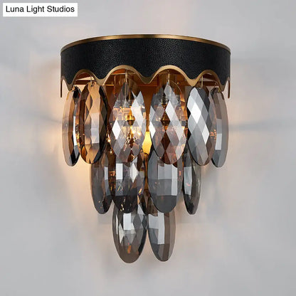 Black Crystal K9 Two-Tier Sconce with faceted crystal drops, black metal and gold trim on Tampa Home & Garden Store